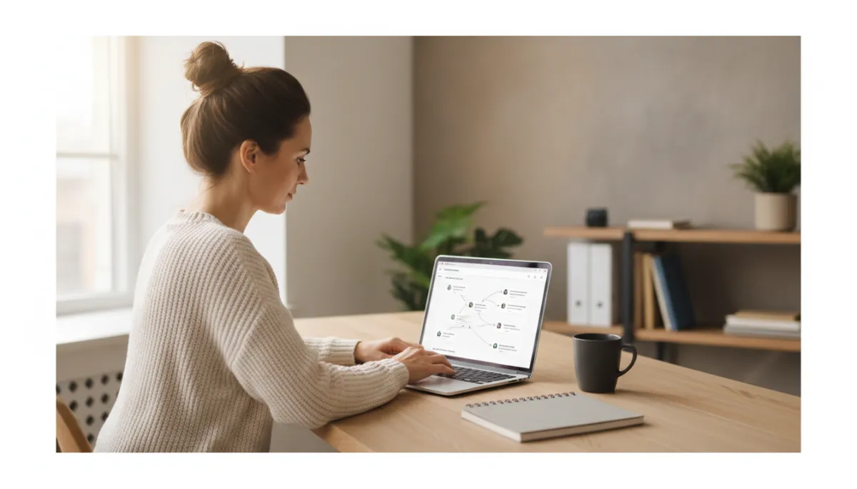 photorealistic neutral-toned office scene with a small business owner at a laptop, email automation dashboard on screen, soft natural light, notebook and coffee mug on desk, subtle depth of field
