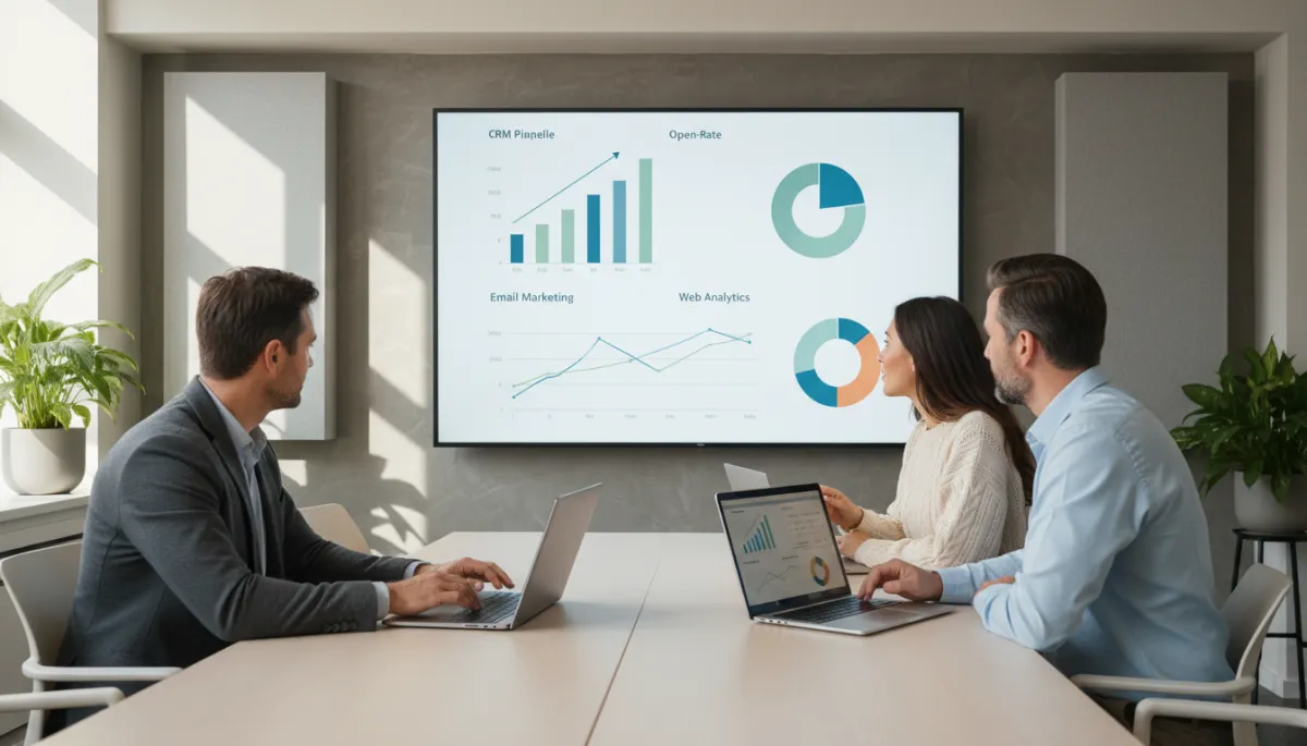 photorealistic neutral-toned modern small business office with diverse team of three owners reviewing dashboards on laptops and a large wall-mounted screen showing CRM, email marketing, and analytics charts