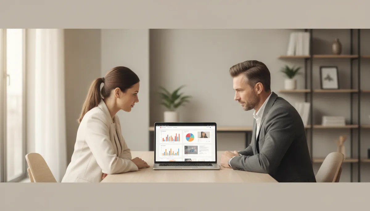 photorealistic neutral-toned modern office with a small business owner and a digital marketing consultant reviewing a website and analytics on a large laptop screen, soft natural light, clean professional look