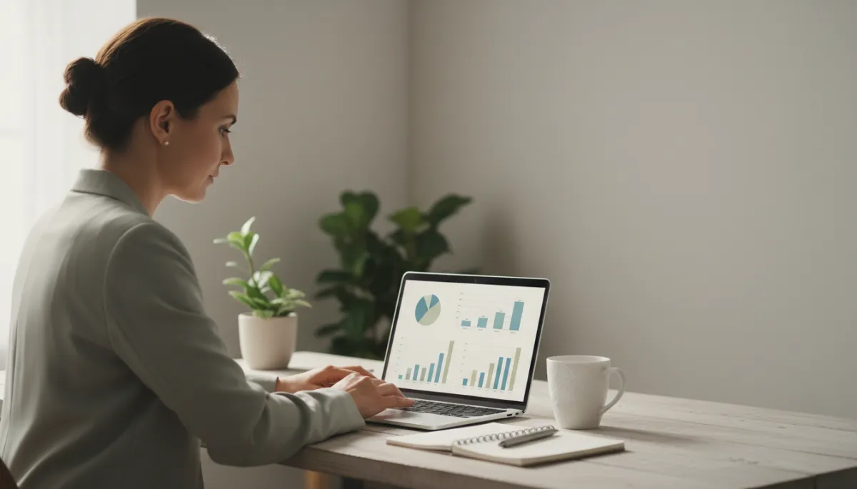 photorealistic neutral-toned scene of a small business owner sitting at a wooden desk, reviewing a laptop screen with simple marketing charts and graphs, soft natural light, coffee mug and notebook nearby, calm professional atmosphere