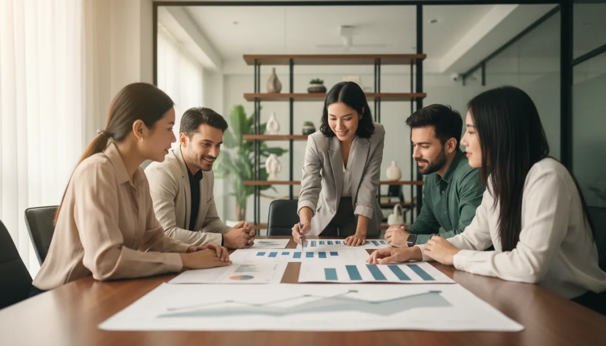 photorealistic neutral-toned scene of a small business owner reviewing growth charts with a team around a conference table, soft natural light, modern office, subtle focus on documents showing upward trends