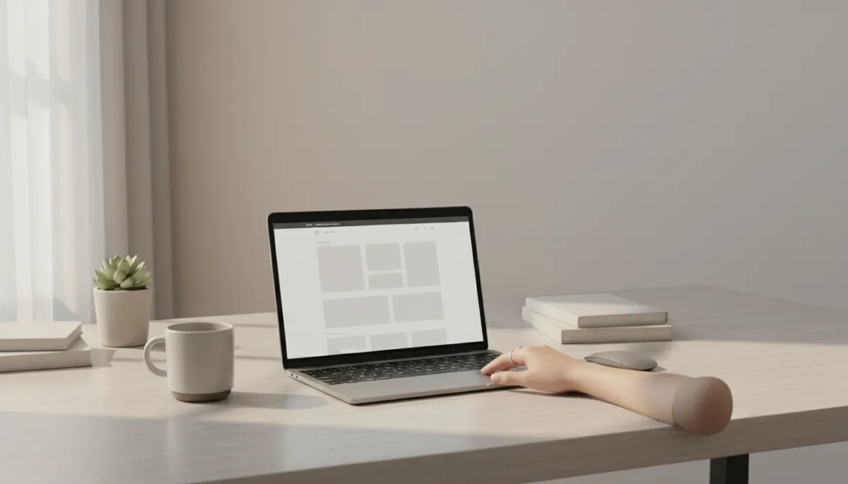 photorealistic neutral-toned modern workspace with a sleek laptop displaying a minimalist website layout dominated by generous whitespace, soft natural light, subtle shadows, muted beige and gray palette, designer’s hands on trackpad