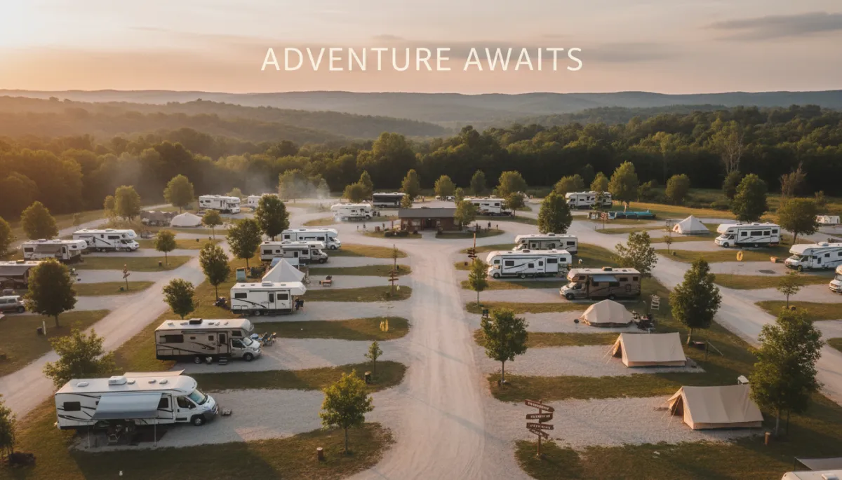 photorealistic aerial view of a mid-sized independent campground at golden hour, mix of RVs and tents, clean gravel roads, clear signage, soft neutral color palette, subtle overlay text on sky area