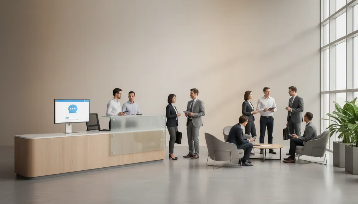 photorealistic neutral-toned modern chamber of commerce office reception area, large front desk with monitor showing AI chatbot interface, diverse professionals speaking with staff in background, soft natural light, calm professional atmosphere