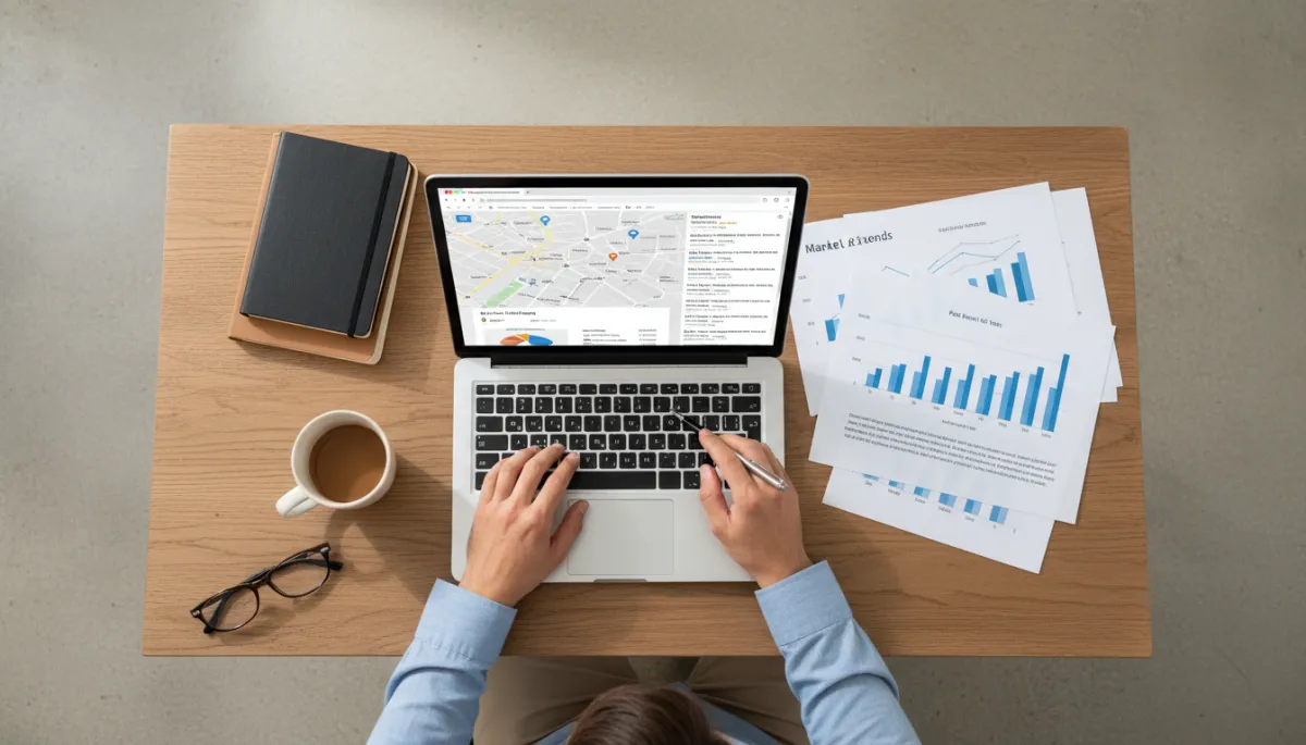 photorealistic overhead view of a small business owner at a wooden desk comparing marketing reports on a laptop and printed charts, browser window showing search results with map listings on one side and paid ads on the other, neutral color palette with soft daylight