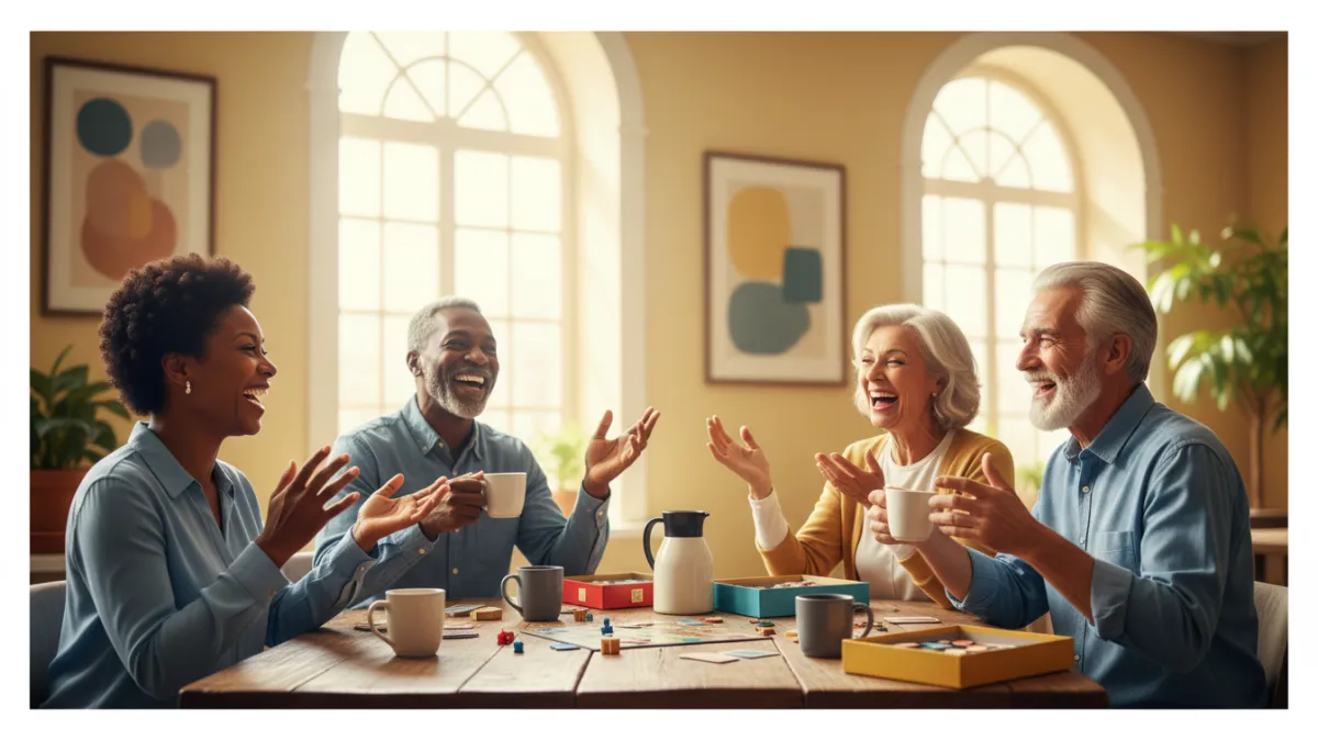 A professional, neutral-toned photograph showing a truly diverse group of older adults (ages 50+), with both African American and white men and women, laughing together at a community center table with coffee cups and board games. The setting should have soft, natural lighting and a warm, welcoming atmosphere.