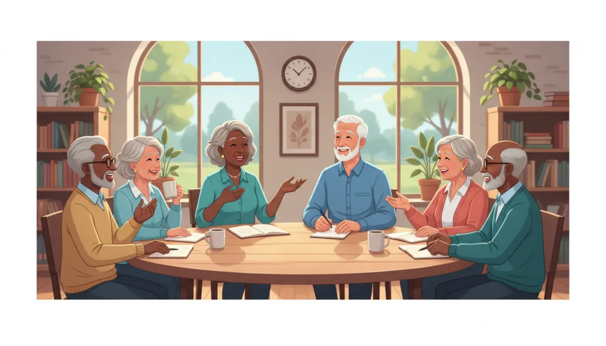 A photo of an African American and a white adult, both over 50, co-leading a discussion group at a community center. The group should include a mix of African American and white older adults, engaged and smiling, representing diversity and inclusion.