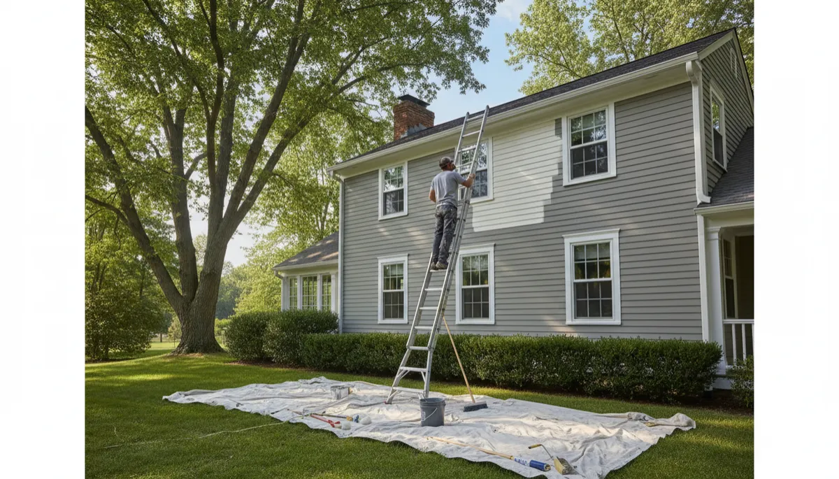 Painter on ladder working on the exterior of a colonial style Connecticut home Painter on ladder working on the exterior of a colonial style Connecticut home
