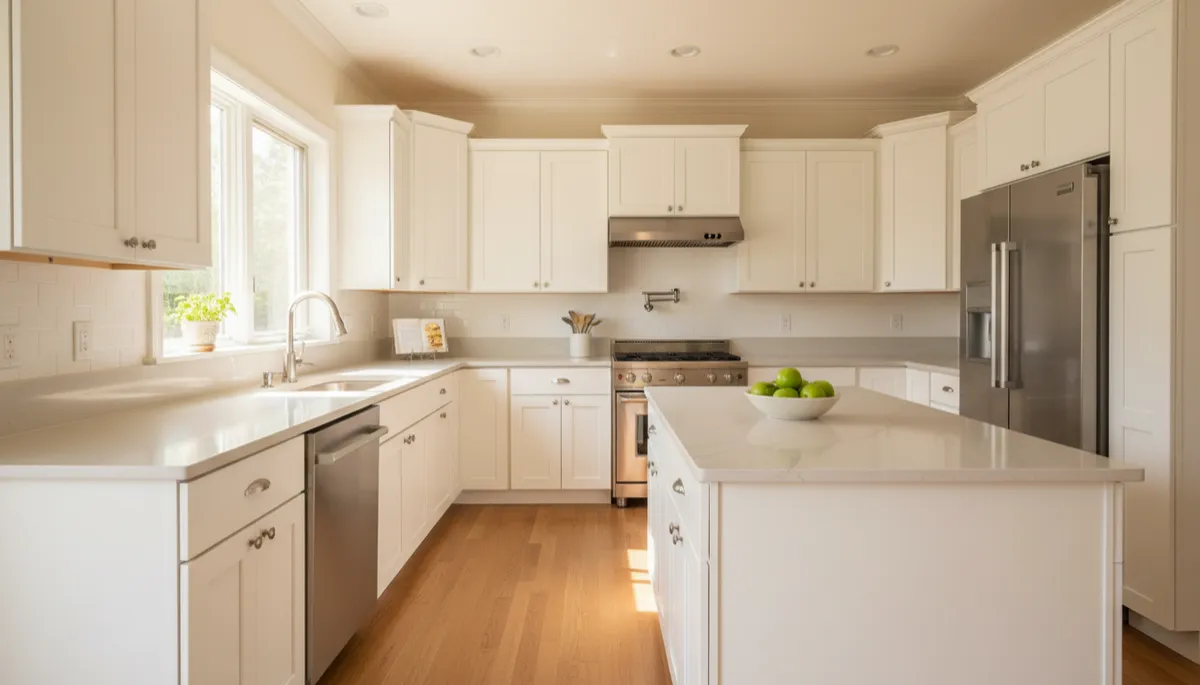 Freshly painted white kitchen cabinets in a tidy Connecticut home Freshly painted white kitchen cabinets in a tidy Connecticut home