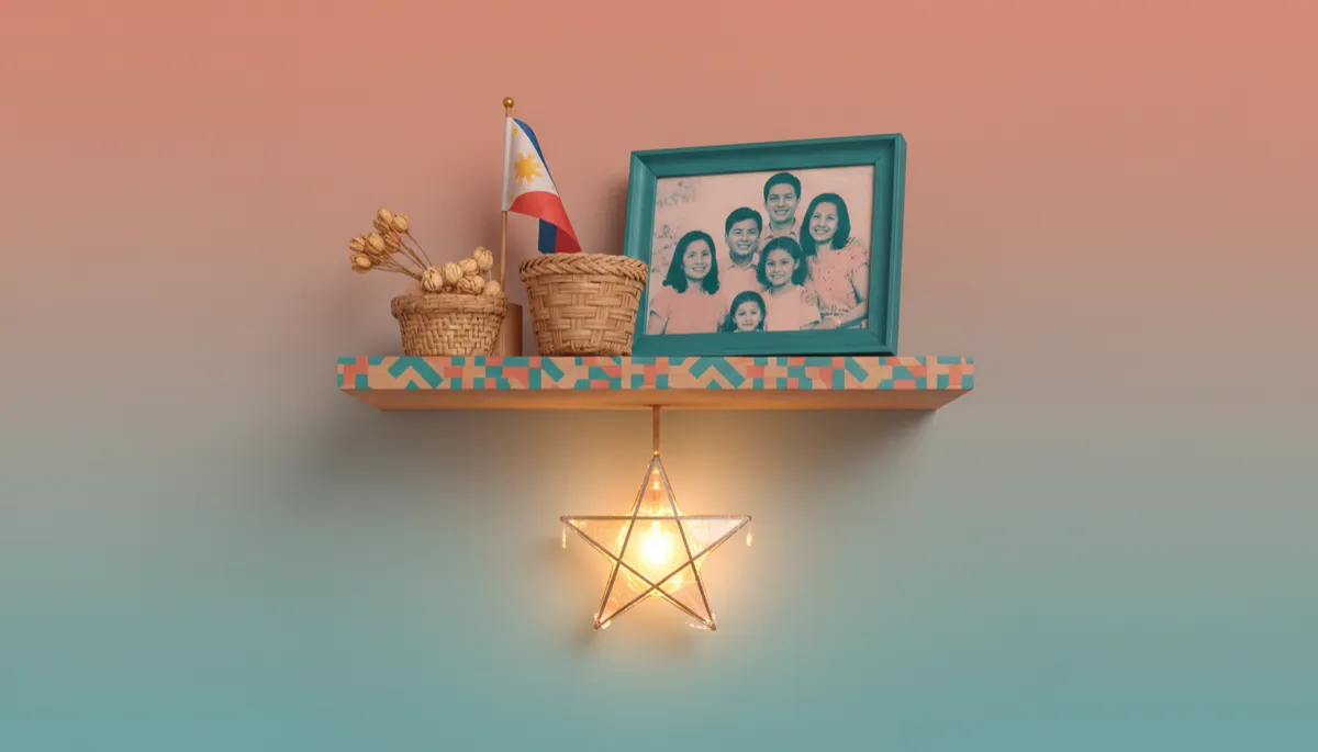 Shelf decorated with Filipino keepsakes in an apartment abroad Shelf decorated with Filipino keepsakes in an apartment abroad