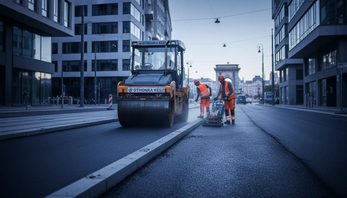 Otthonra Kész csapat aszfalt hengerlést végez szegélykő mentén Otthonra Kész csapat aszfalt hengerlést végez szegélykő mentén