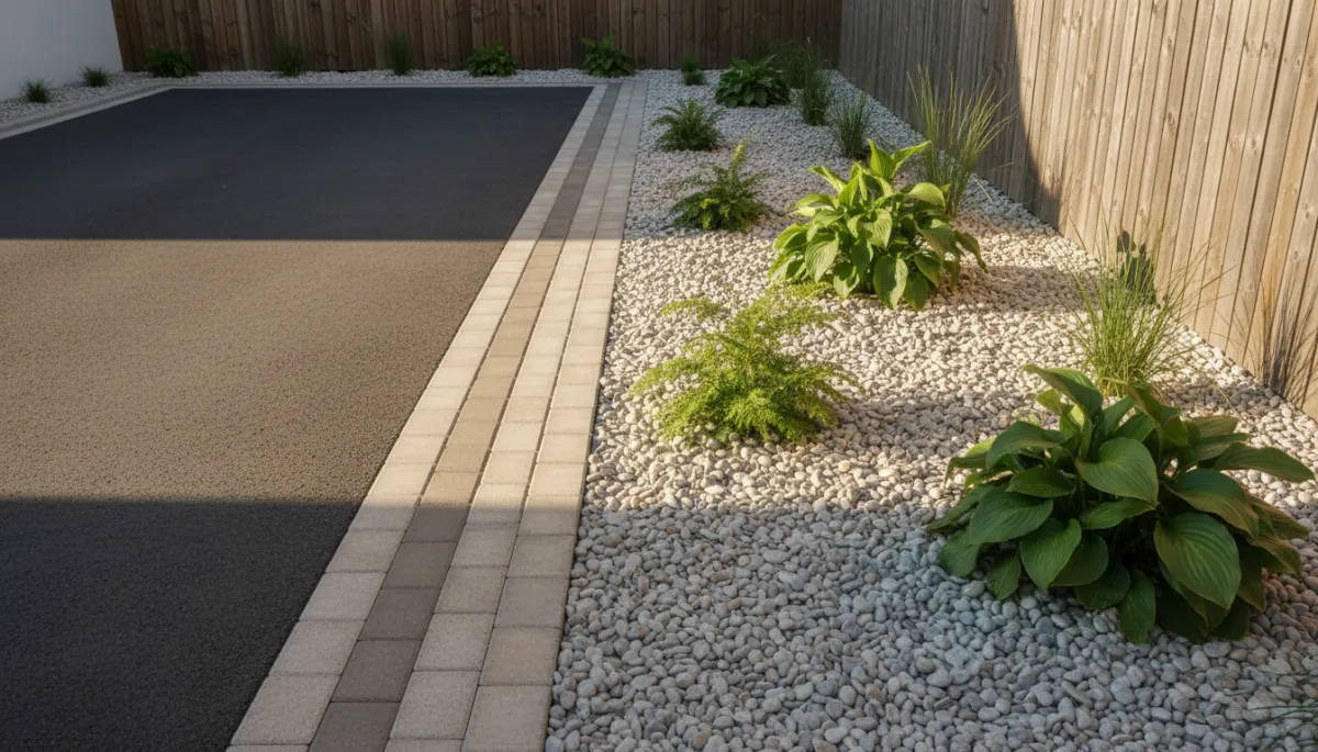 Aszfalt kocsibeálló térkő szegéllyel és kavicsággyal, modern udvarfelújítás Aszfalt kocsibeálló térkő szegéllyel és kavicsággyal, modern udvarfelújítás