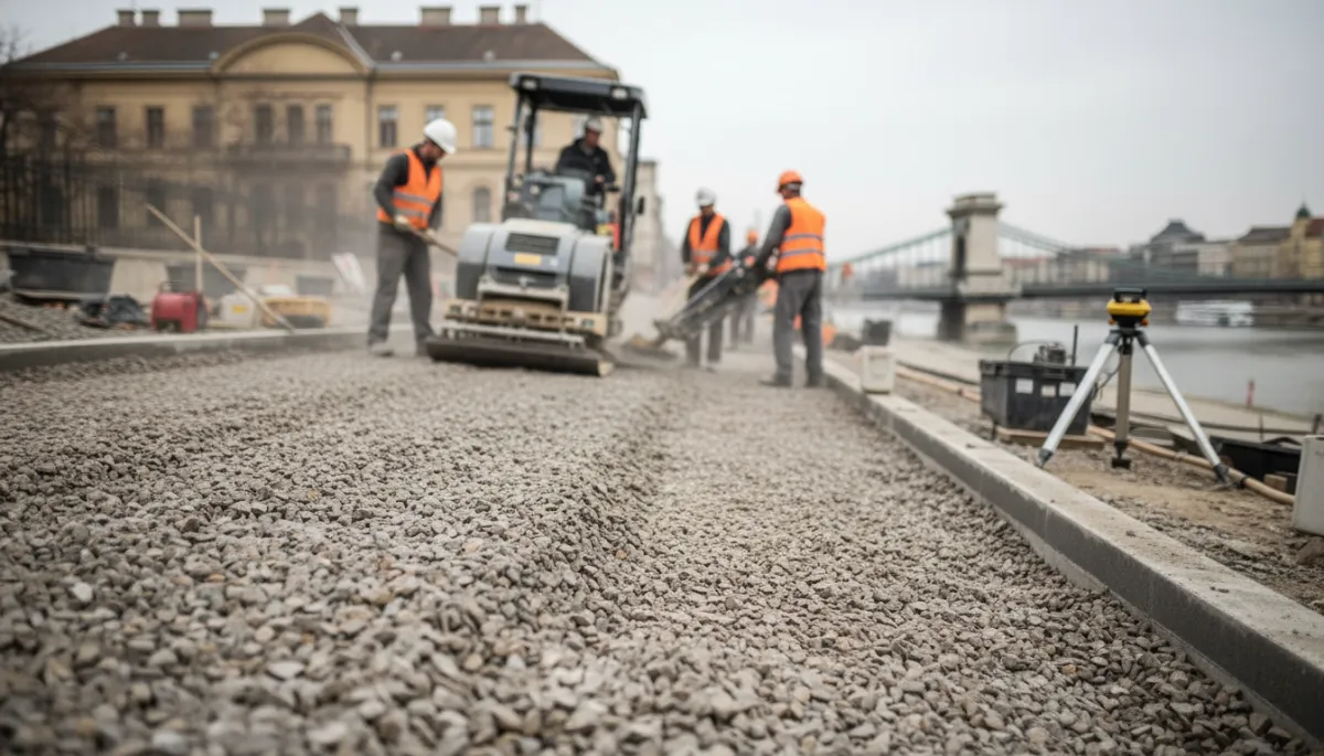 Szakemberek aszfalt kocsibeálló alaprétegét készítik elő Budapesten Szakemberek aszfalt kocsibeálló alaprétegét készítik elő Budapesten