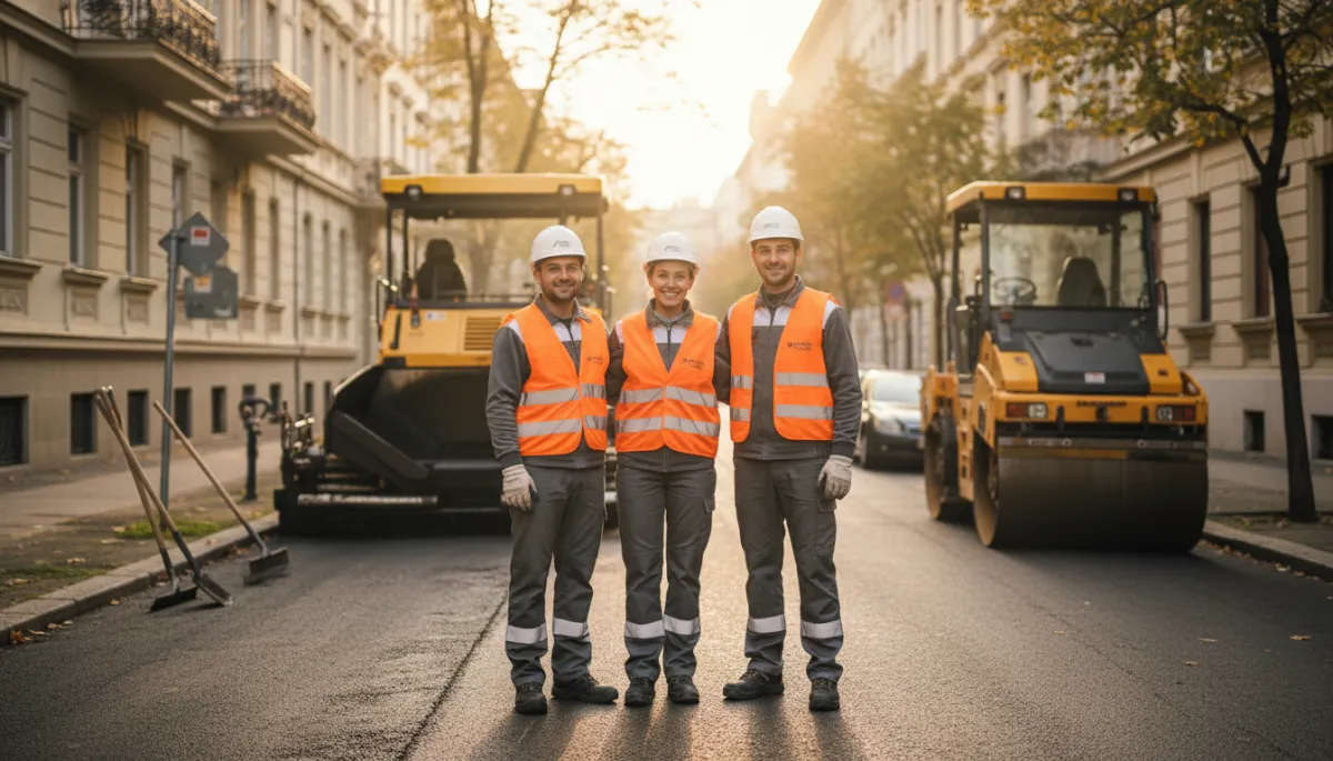 photorealistic warm neutral tones three-member asphalt crew from Otthonra Kész standing by their equipment in a residential Budapest street, smiling at the camera, wearing branded gray and white uniforms with safety vests photorealistic warm neutral tones three-member asphalt crew from Otthonra Kész standing by their equipment in a residential Budapest street, smiling at the camera, wearing branded gray and white uniforms with safety vests
