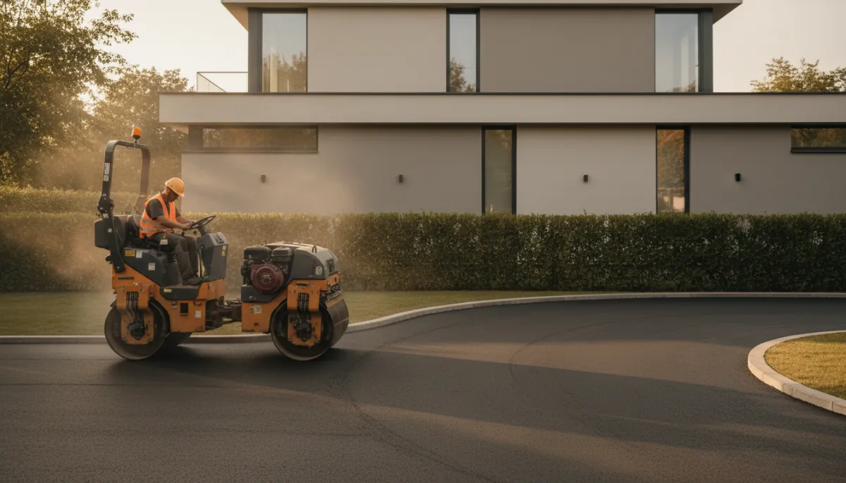 photorealistic warm neutral tones side view of a small asphalt roller compacting freshly laid black asphalt on a residential driveway, with a modern Budapest house facade and neatly trimmed hedge in the background photorealistic warm neutral tones side view of a small asphalt roller compacting freshly laid black asphalt on a residential driveway, with a modern Budapest house facade and neatly trimmed hedge in the background