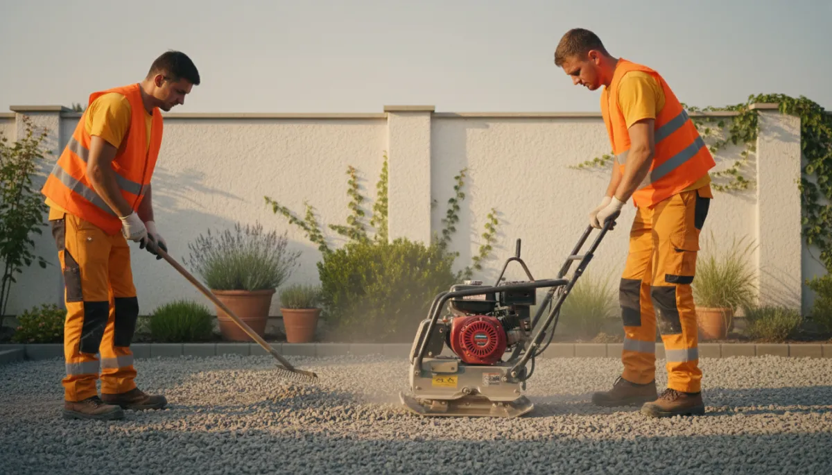 photorealistic warm neutral tones close-up of workers in reflective vests and work boots preparing a residential driveway subbase in Budapest, compacting gravel with a plate compactor next to a white plastered fence and small garden photorealistic warm neutral tones close-up of workers in reflective vests and work boots preparing a residential driveway subbase in Budapest, compacting gravel with a plate compactor next to a white plastered fence and small garden