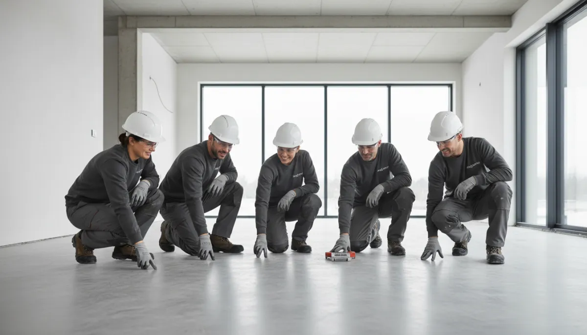 Otthonra Kész szakemberek ellenőrzik a frissen elkészült aljzatbeton minőségét egy modern otthonban Otthonra Kész szakemberek ellenőrzik a frissen elkészült aljzatbeton minőségét egy modern otthonban