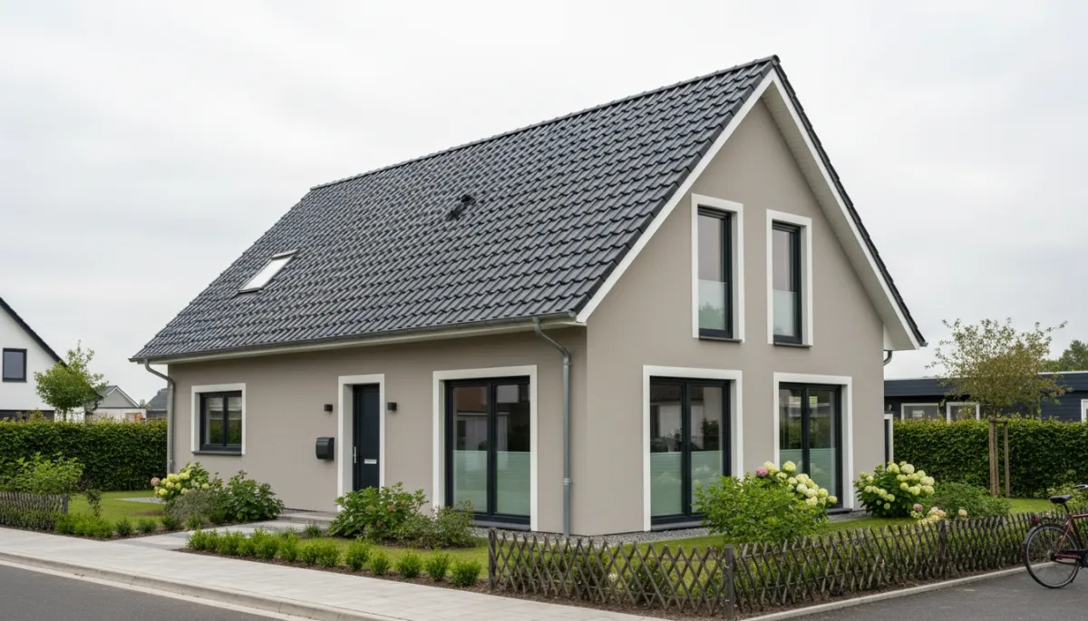 photographic realistic street-level view of a renovated family house with fresh dark grey metal tile roof, neutral painted facade, tidy small front garden, overcast but bright sky photographic realistic street-level view of a renovated family house with fresh dark grey metal tile roof, neutral painted facade, tidy small front garden, overcast but bright sky