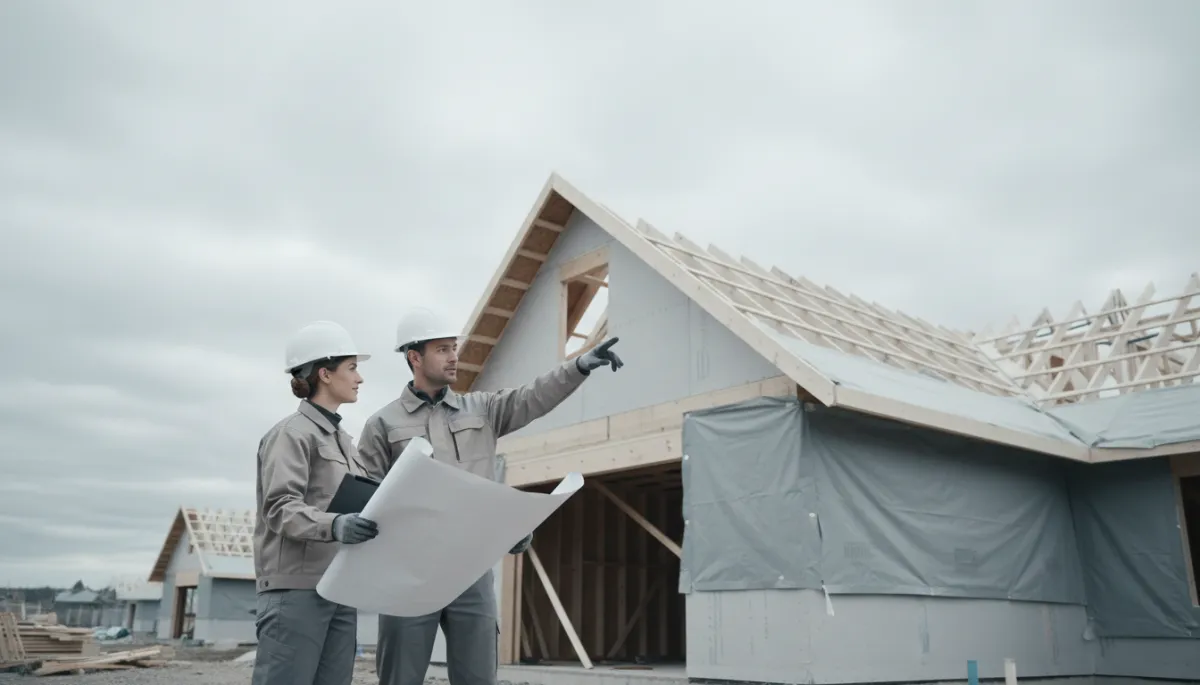 photographic realistic scene of two construction professionals in neutral-colored workwear discussing roof plans next to a house, one holding blueprints, the other pointing toward the roof, grey and white tones photographic realistic scene of two construction professionals in neutral-colored workwear discussing roof plans next to a house, one holding blueprints, the other pointing toward the roof, grey and white tones