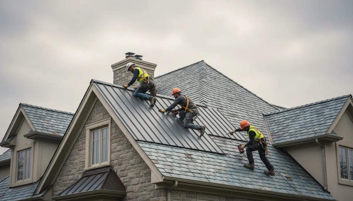 photographic realistic close-up of workers in safety gear installing dark grey metal tile sheets over an intact old slate roof on a family house, neutral colors, overcast sky photographic realistic close-up of workers in safety gear installing dark grey metal tile sheets over an intact old slate roof on a family house, neutral colors, overcast sky