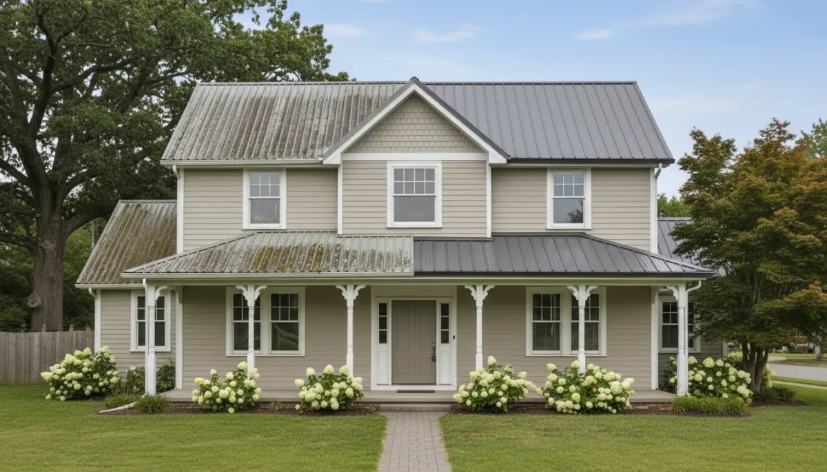 photographic realistic before and after split view of the same house, left side with weathered grey asbestos slate roof, right side with fresh dark grey metal tile roof, neutral tones, soft daylight photographic realistic before and after split view of the same house, left side with weathered grey asbestos slate roof, right side with fresh dark grey metal tile roof, neutral tones, soft daylight