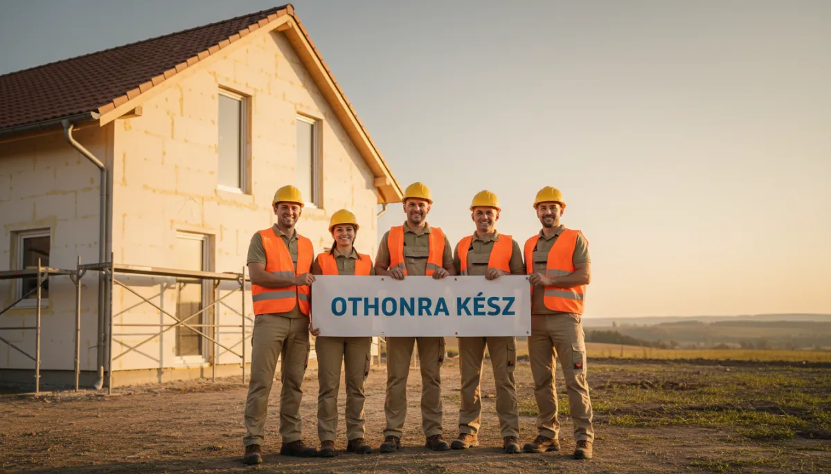 Otthonra Kész kivitelező csapata egy felújított, szigetelt családi ház előtt Otthonra Kész kivitelező csapata egy felújított, szigetelt családi ház előtt