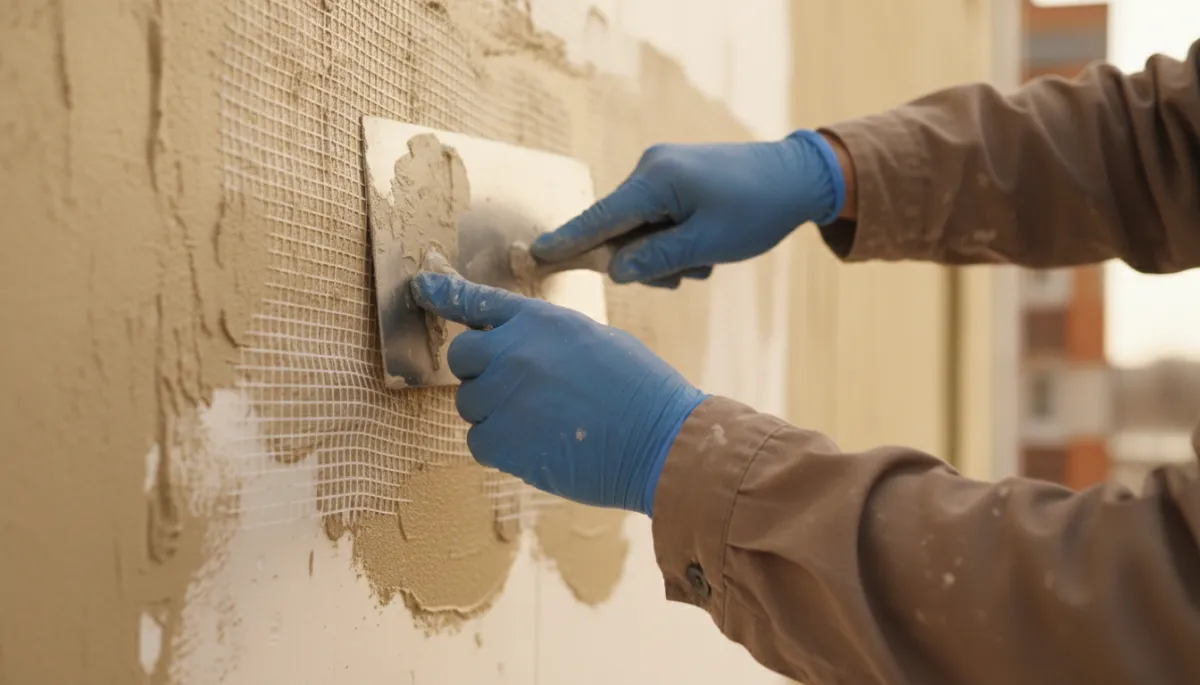 photorealistic warm neutral toned close-up of a worker applying reinforcing mesh and adhesive on an insulated facade photorealistic warm neutral toned close-up of a worker applying reinforcing mesh and adhesive on an insulated facade