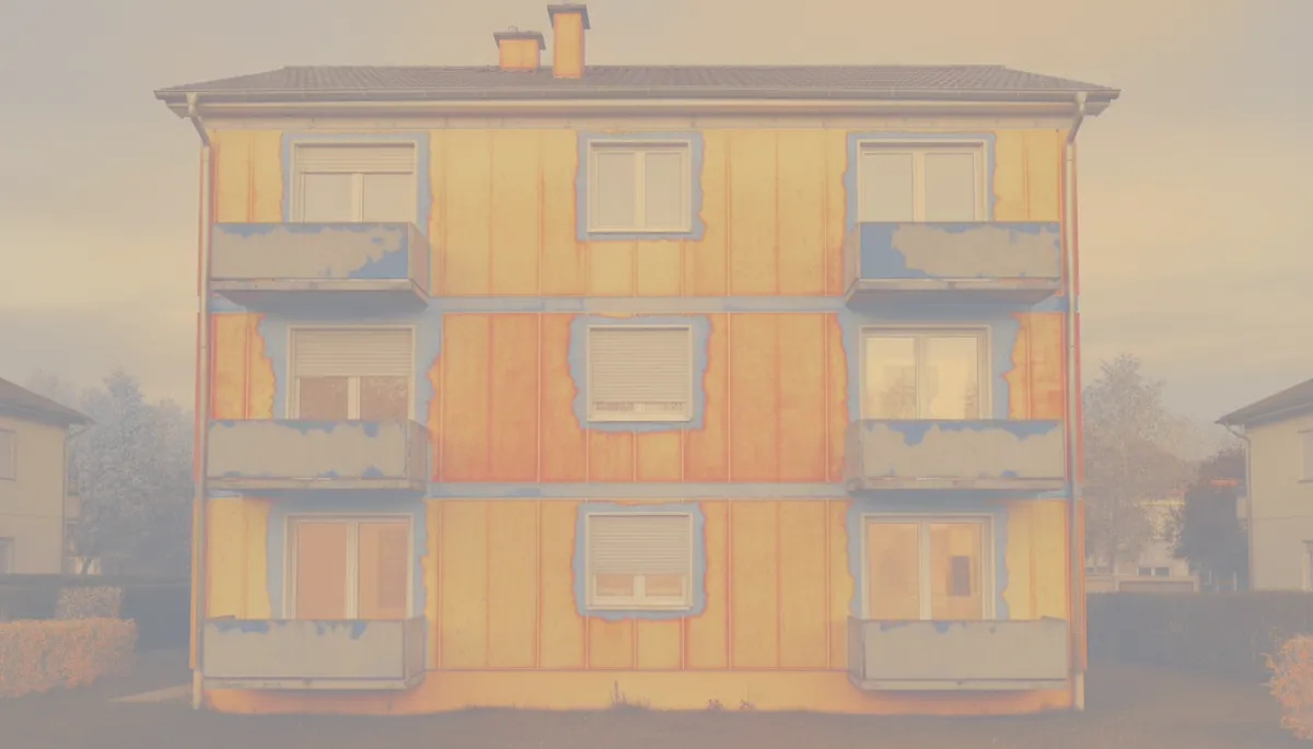 photorealistic warm neutral toned thermal camera view of a house facade showing cold bridges around windows and slab edges photorealistic warm neutral toned thermal camera view of a house facade showing cold bridges around windows and slab edges