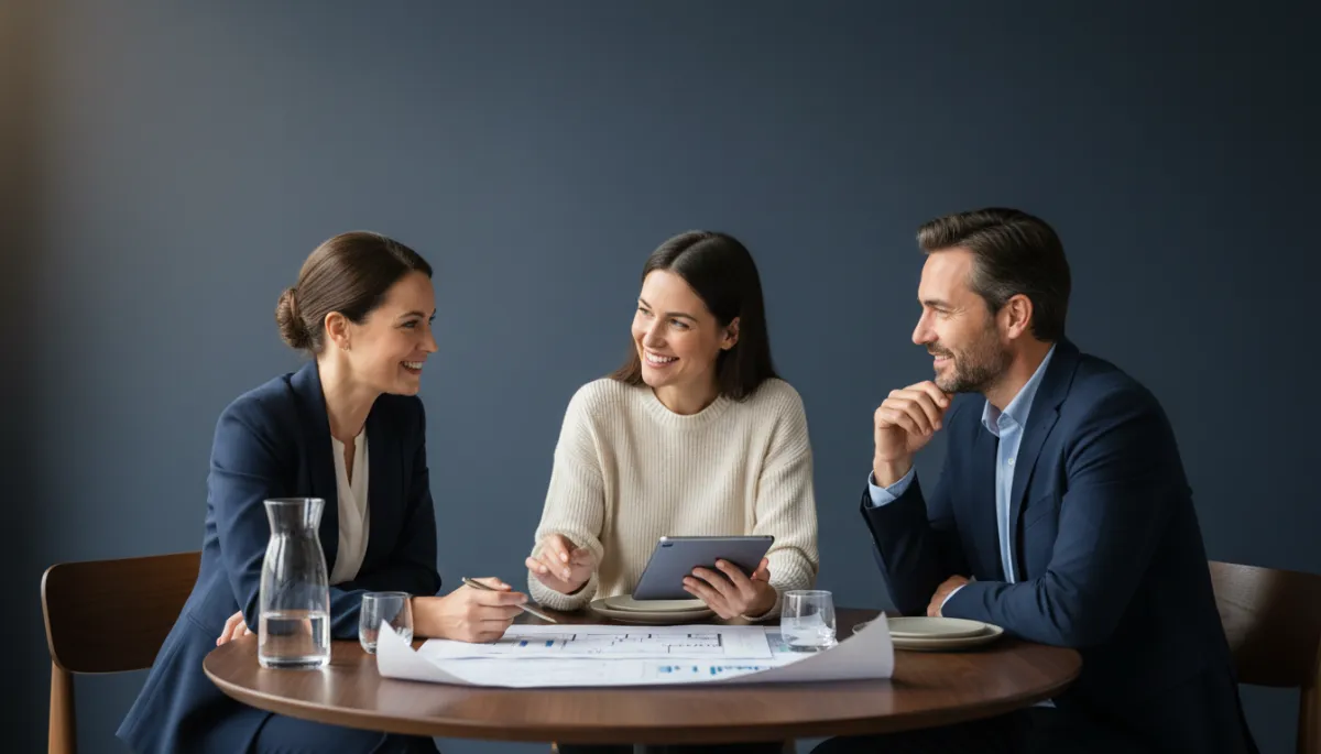 Small group of real estate investors collaborating at a dinner table Small group of real estate investors collaborating at a dinner table