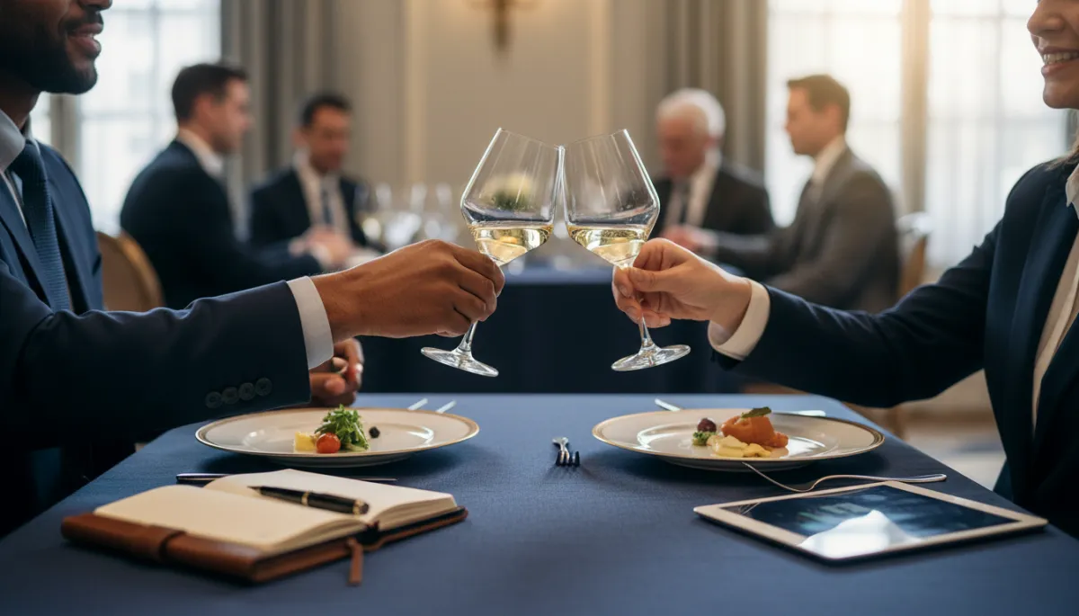Professionals strengthening relationships during an investor dinner networking event Professionals strengthening relationships during an investor dinner networking event