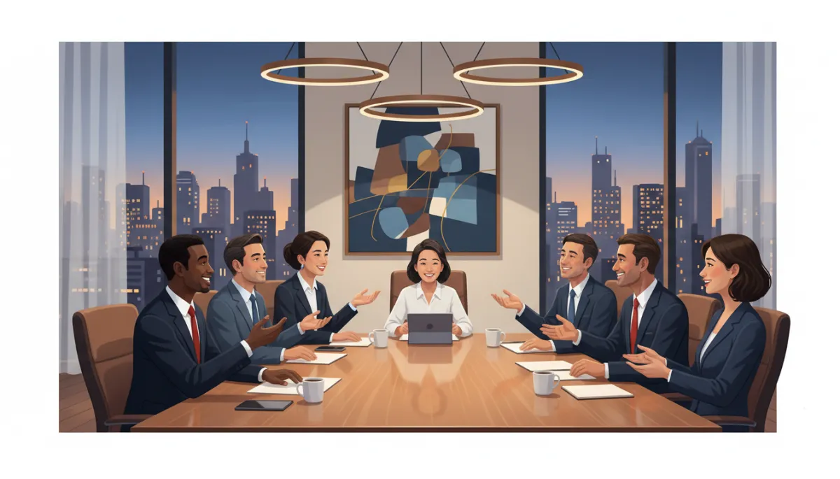 A professional, realistic photo of a diverse group of well-dressed professionals—including a balanced mix of Black, Asian, Hispanic, and White men and women, plus at least one person with visible disability—engaged in an upbeat discussion around a polished wooden table in a stylish, softly lit conference room. The city skyline is visible through large windows. The scene feels collaborative, welcoming, and dynamic, with subtle navy and earthy tones. Add a touch of flair, such as a statement art piece or unique lighting, while keeping it professional.