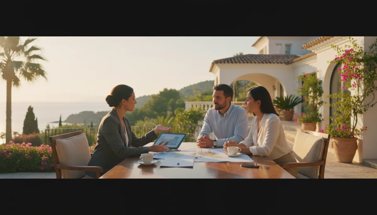 Add a hero/cover image and 3 in-body images to this published blog post about multilingual real estate marketing. Place the hero image at the top, and distribute the 3 others between relevant sections throughout the article. Images should be photorealistic and editorial in style, visually representing themes such as: international property buyers reviewing listings in multiple languages, real estate agents communicating with foreign clients, luxury overseas properties in Mediterranean destinations like Spain, Portugal or Cyprus, and multilingual digital marketing campaigns. Keep the style professional and high-end, consistent with a premium international real estate marketing brand.. Style: Professional quality, photorealistic, high resolution