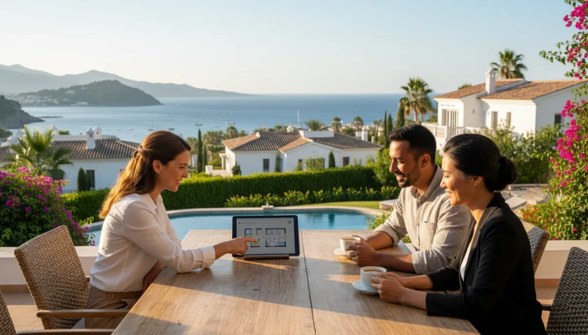 Add a hero/cover image and 3 in-body images to this published blog post about multilingual real estate marketing. Place the hero image at the top, and distribute the 3 others between relevant sections throughout the article. Images should be photorealistic and editorial in style, visually representing themes such as: international property buyers reviewing listings in multiple languages, real estate agents communicating with foreign clients, luxury overseas properties in Mediterranean destinations like Spain, Portugal or Cyprus, and multilingual digital marketing campaigns. Keep the style professional and high-end, consistent with a premium international real estate marketing brand.. Style: Professional quality, photorealistic, high resolution