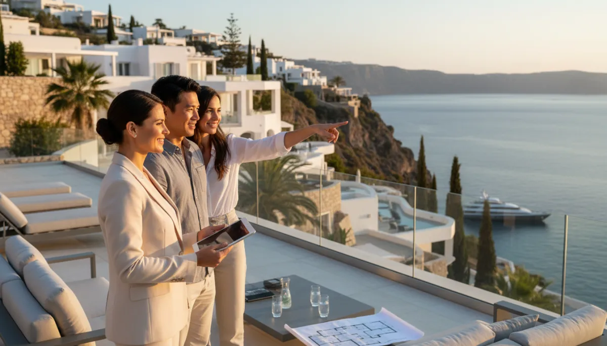 Add a hero/cover image and 3 in-body images to this published blog post about multilingual real estate marketing. Place the hero image at the top, and distribute the 3 others between relevant sections throughout the article. Images should be photorealistic and editorial in style, visually representing themes such as: international property buyers reviewing listings in multiple languages, real estate agents communicating with foreign clients, luxury overseas properties in Mediterranean destinations like Spain, Portugal or Cyprus, and multilingual digital marketing campaigns. Keep the style professional and high-end, consistent with a premium international real estate marketing brand.. Style: Professional quality, photorealistic, high resolution
