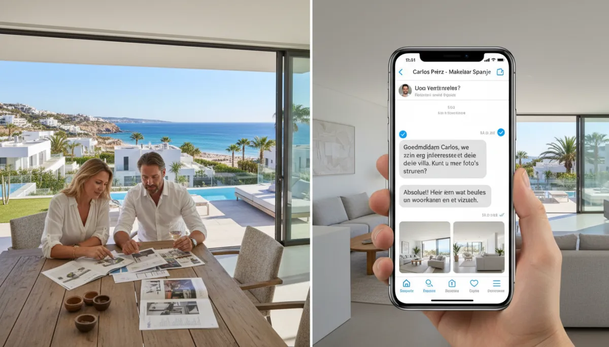 Real estate agent at a bright modern office showing a WhatsApp conversation on a laptop to Dutch clients. Alt text: 'Real estate agent using WhatsApp to communicate with Dutch buyers'