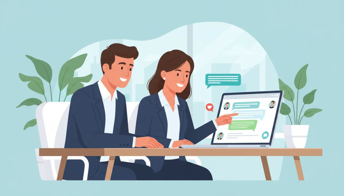 Real estate agent at a bright modern office showing a WhatsApp conversation on a laptop to Dutch clients. Alt text: 'Real estate agent using WhatsApp to communicate with Dutch buyers'