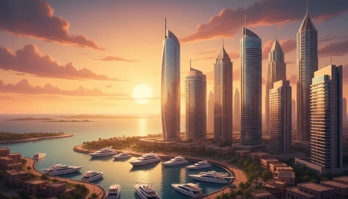 Dubai skyline at golden hour with luxury residential towers, marina, and sea, aspirational real estate mood, photorealistic