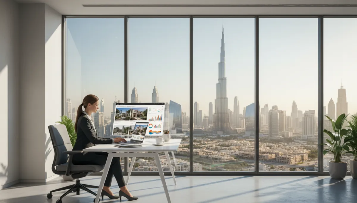 Photorealistic modern Dubai office interior with floor-to-ceiling windows, real estate agent working on a laptop reviewing a property listing website and analytics dashboard