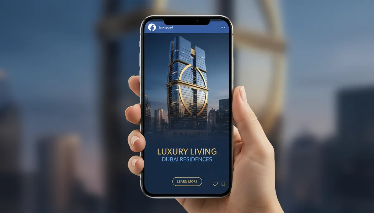 Close-up photorealistic smartphone screen showing a Facebook and Instagram ad for a luxury Dubai apartment, modern blue and gold ad creative, hand holding phone