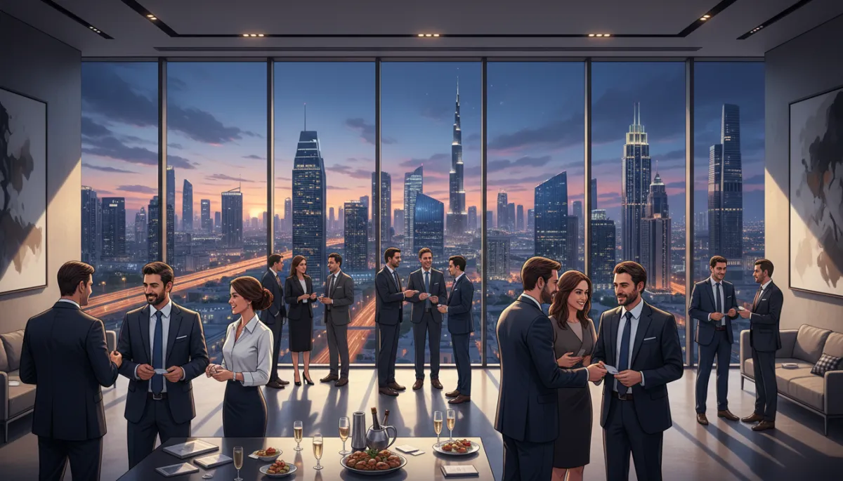 Photorealistic professional networking event in a Dubai high-rise conference room with skyline views, real estate agents and investors exchanging business cards and talking