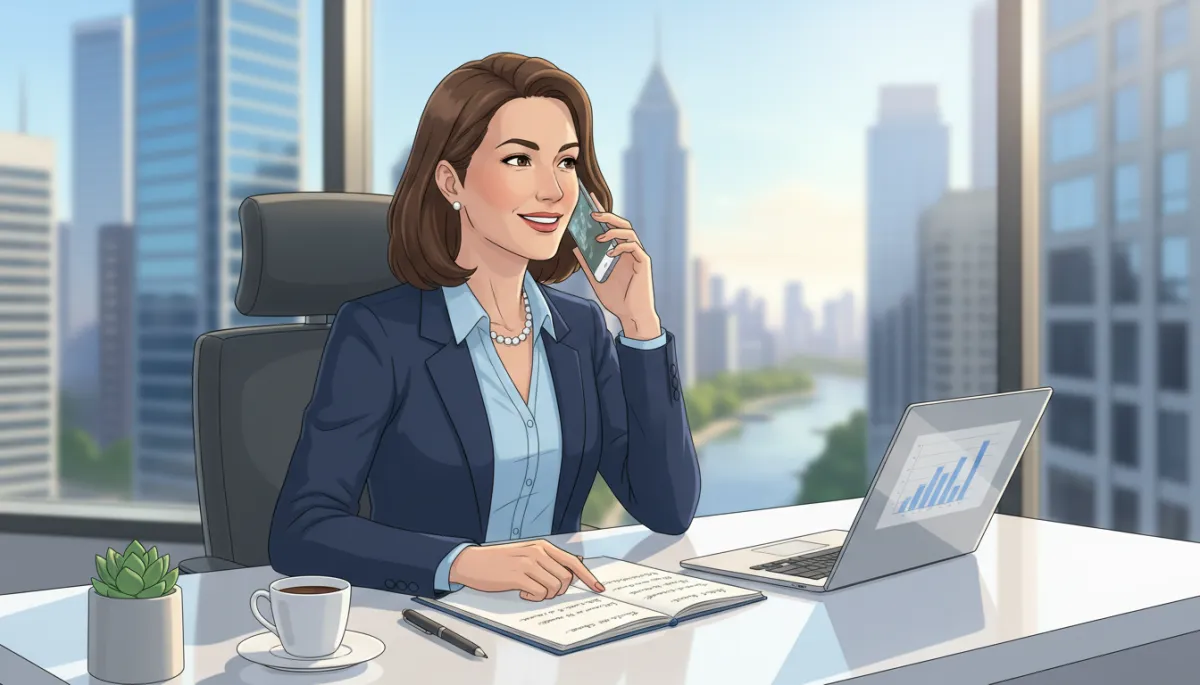 A confident real estate agent sitting at a bright modern office desk, making a phone call with a slight smile, open laptop, notepad with handwritten follow-up notes, large window with city view in the background, natural daylight, professional atmosphere