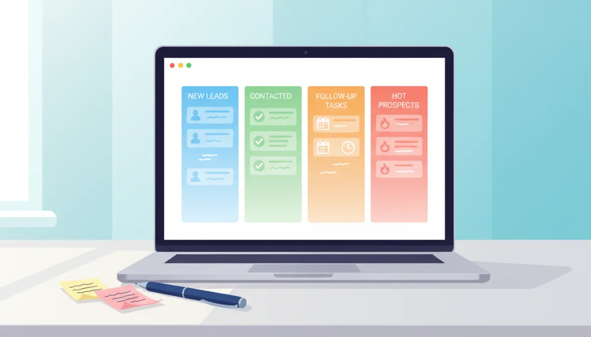 Close-up view of an open laptop on a modern office desk showing a colourful CRM dashboard with columns for new leads, contacted, follow-up tasks, and hot prospects, sticky notes and a pen nearby, soft natural light
