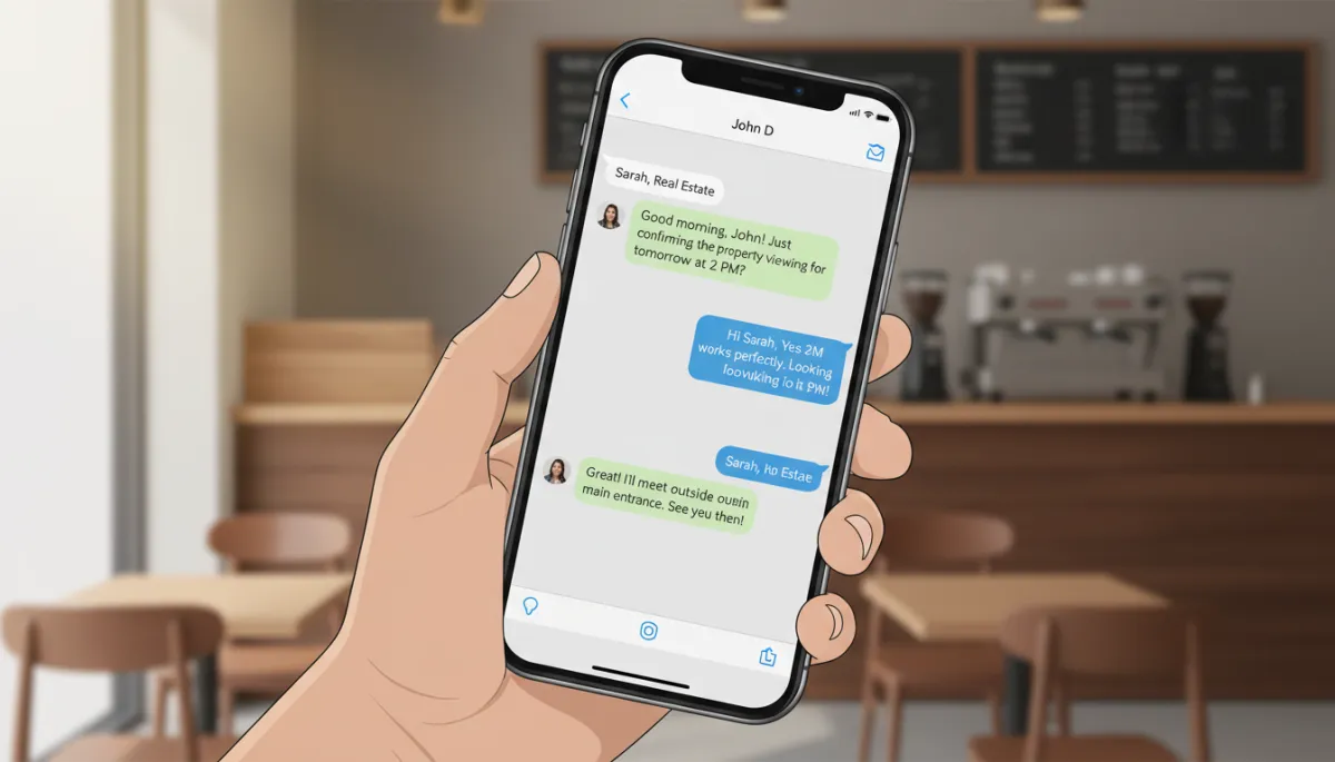 Close-up of a modern smartphone in a person’s hand showing an open WhatsApp chat between a real estate agent and a buyer, friendly professional messages about property viewing times, blurred cafe background