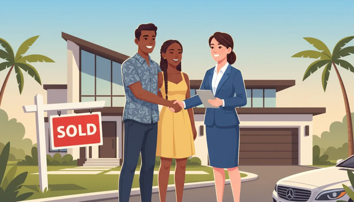 A smiling couple standing in front of a modern house with a large red SOLD sign, shaking hands with a professionally dressed real estate agent, sunny weather, sense of trust, satisfaction, and successful deal