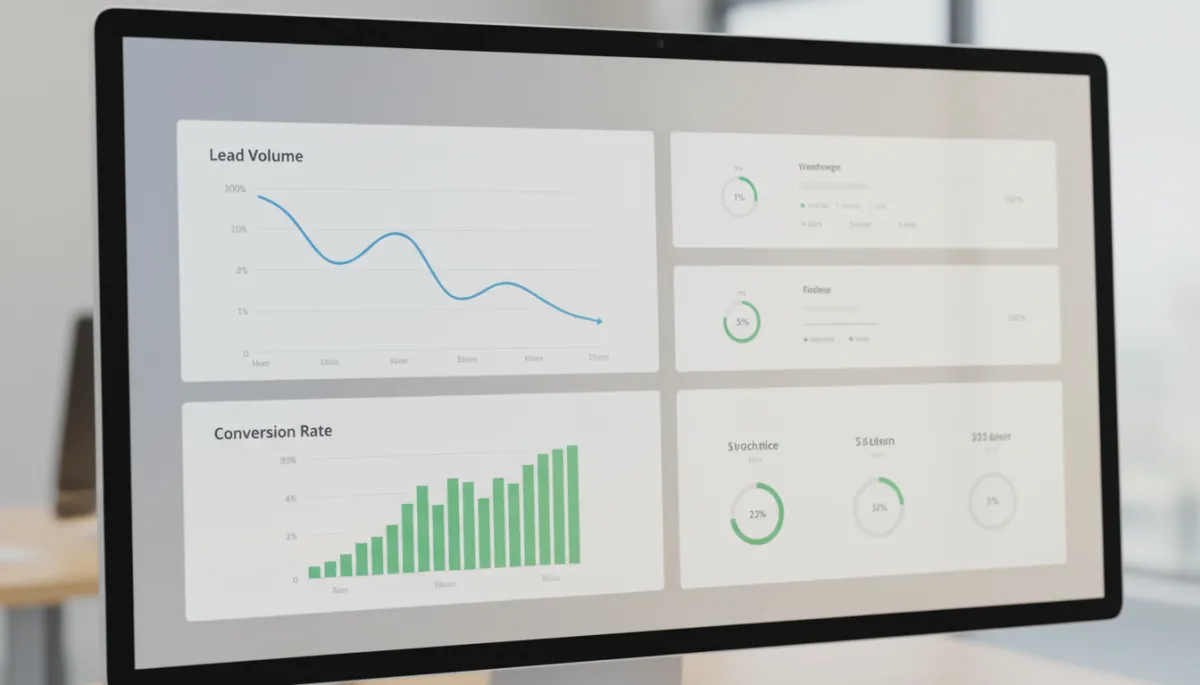 photorealistic neutral-toned close-up of a computer monitor showing a clean analytics dashboard with a line chart of lead volume trending down and a bar chart of conversion rate trending up, soft office lighting