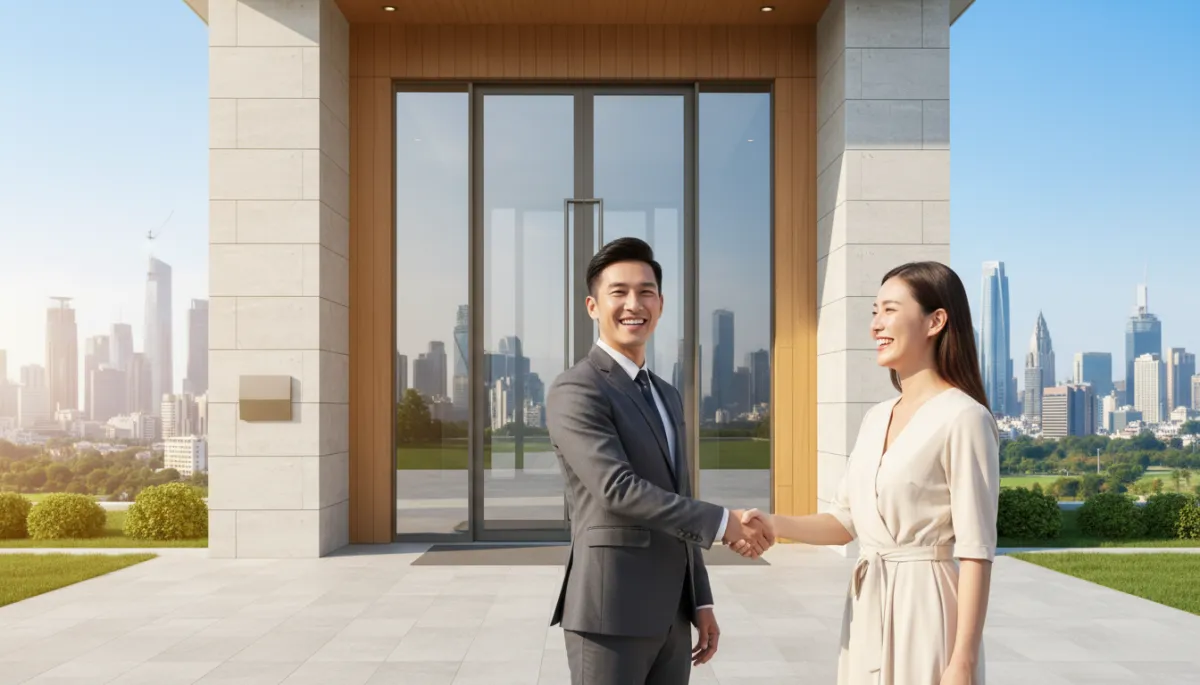 photorealistic bright exterior of a modern luxury property with neutral colors, real estate agent in a suit shaking hands with a smiling client in front of the entrance, midday sun, subtle city backdrop