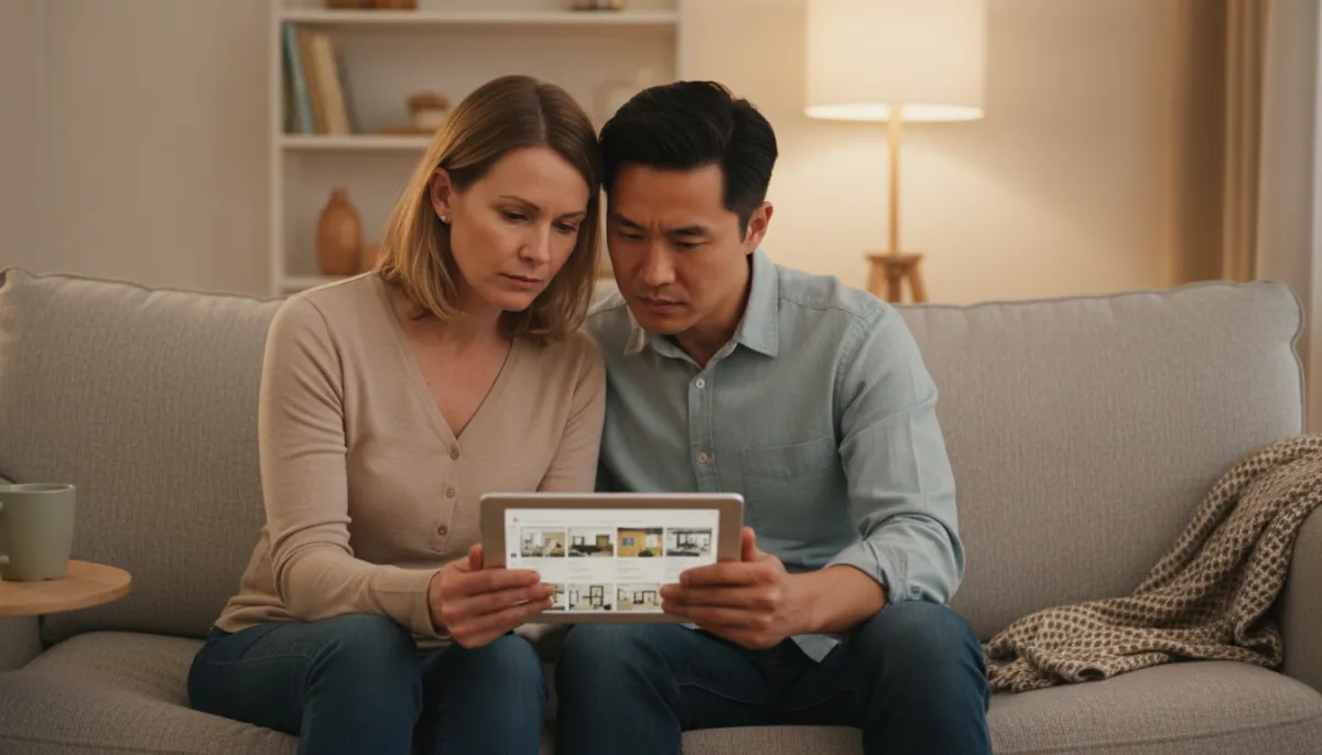 photorealistic international couple sitting on a neutral-toned sofa at home in the evening, both focused on a tablet showing property listings and floor plans, warm indoor lighting, serious expressions