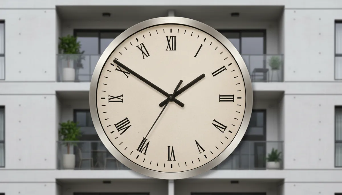 photorealistic close-up of a large wall clock overlaid on a modern apartment exterior, faint motion blur suggesting urgency, neutral tones, soft natural light