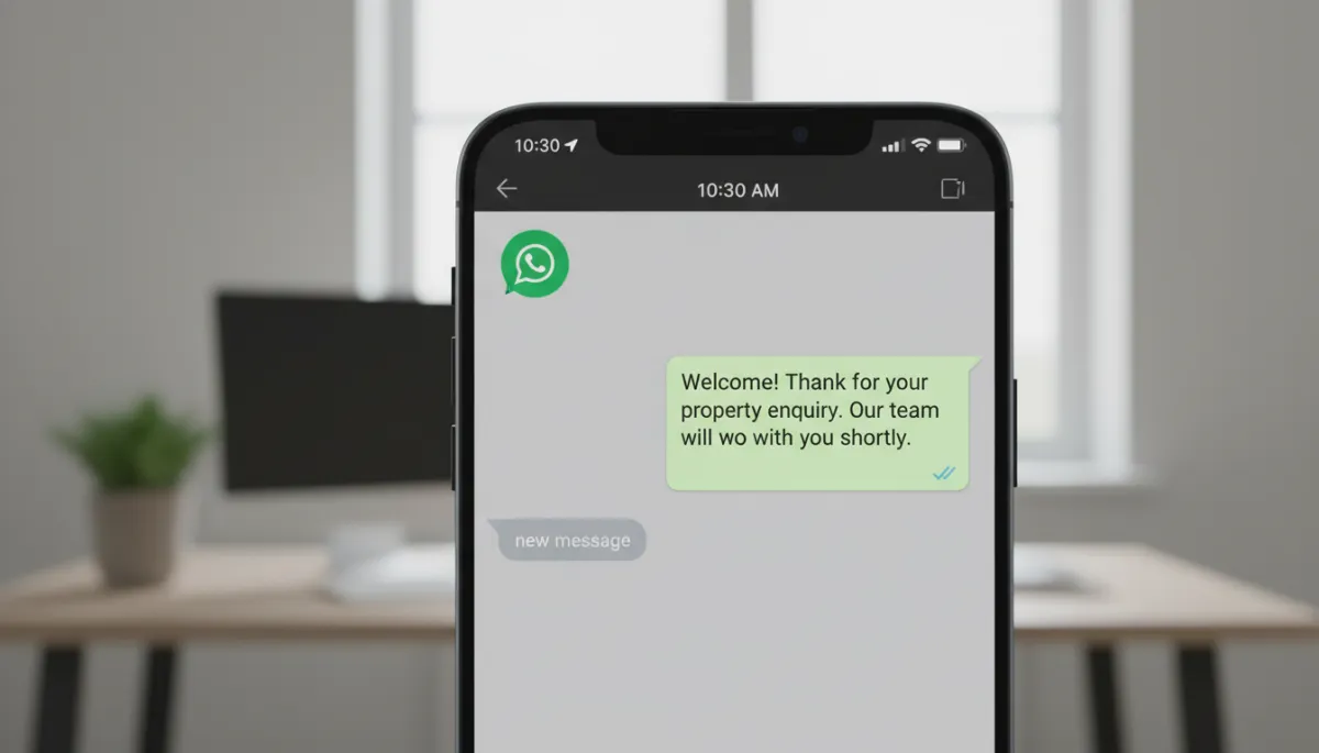 photorealistic close-up of a smartphone screen showing a WhatsApp chat, automated welcome message to a new property enquiry, neutral office background out of focus, soft daylight
