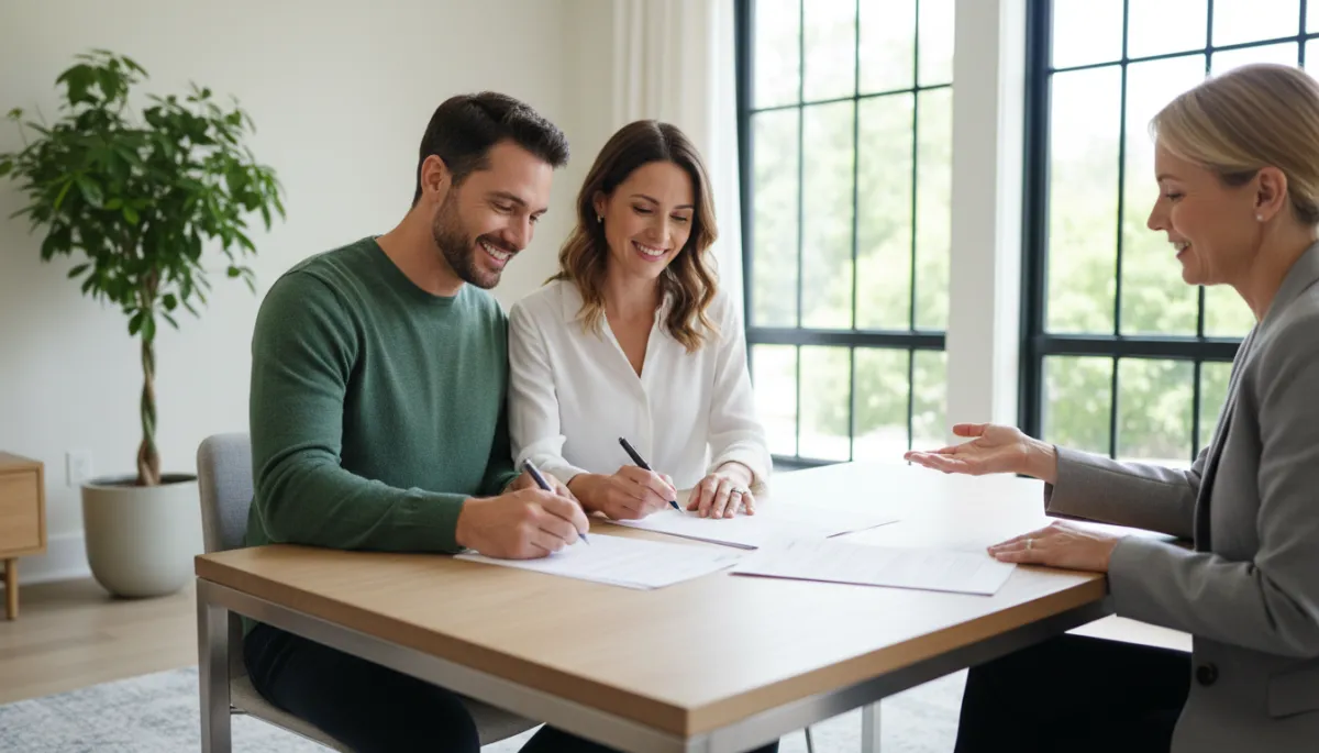 photorealistic smiling couple seated at a modern desk signing property purchase documents with a professional real estate agent, bright natural light from large windows, neutral interior tones
